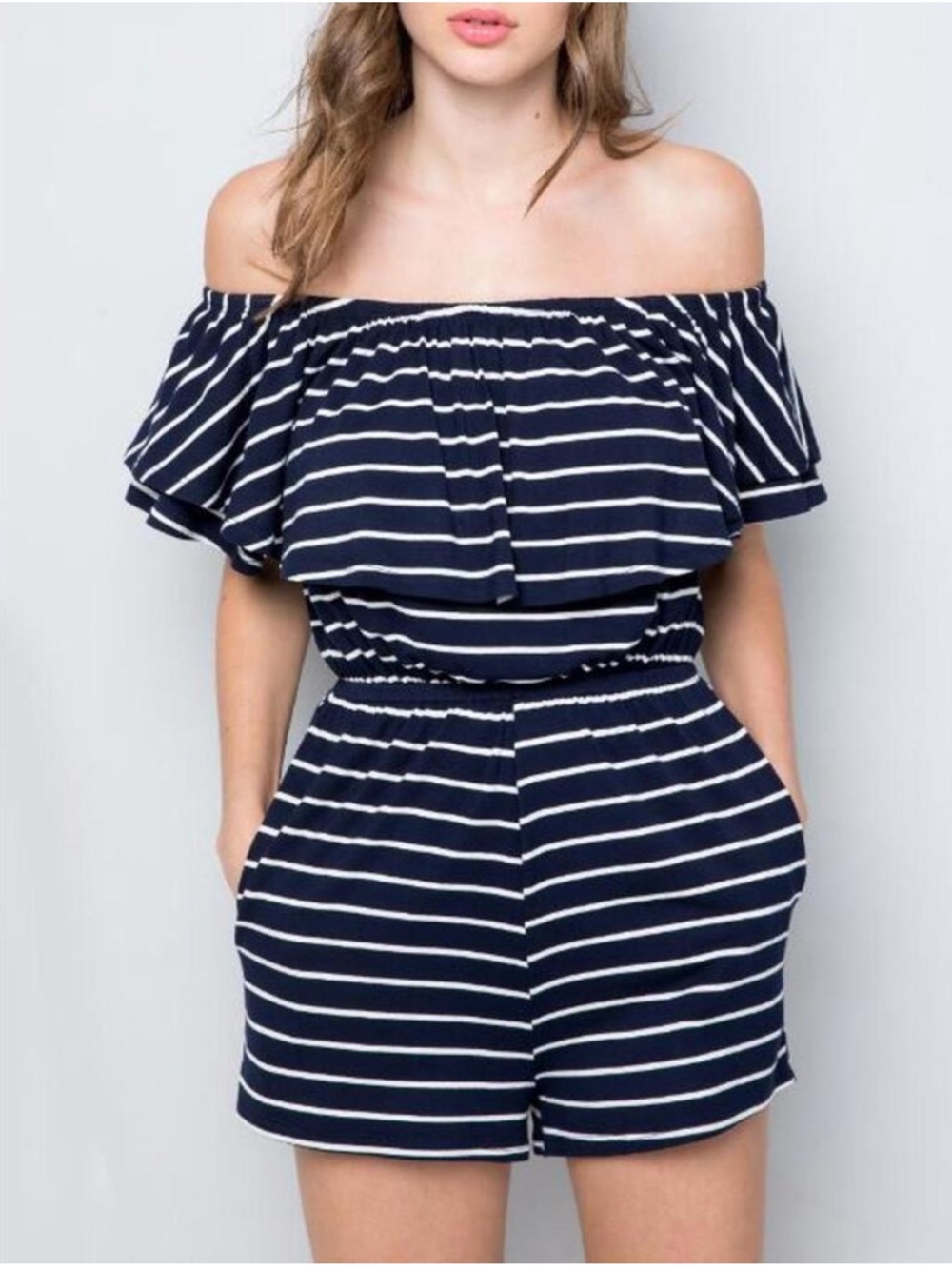 💙🤍Plus Size Sweet Lovely 
NWOT Navy Blue White Striped Off Shoulder Romper. 2X - Picture 2 of 4